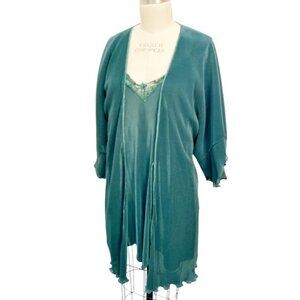 Vintage Ribbed Green Lingerie 2 Piece Set Slip Dress & Robe Sz L